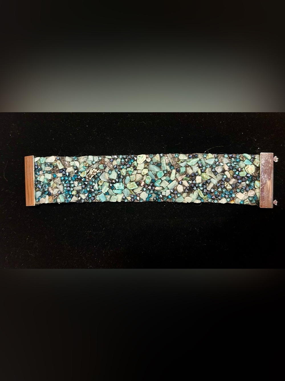 Vintage Cuff Bracelet Blue Turquoise Stones and Crystals Silver Magnetic Clasp